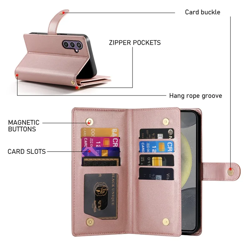 Étui pour Samsung Galaxy S25+ DF-011 avec poche zippée, portefeuille en cuir et sangles - Rose