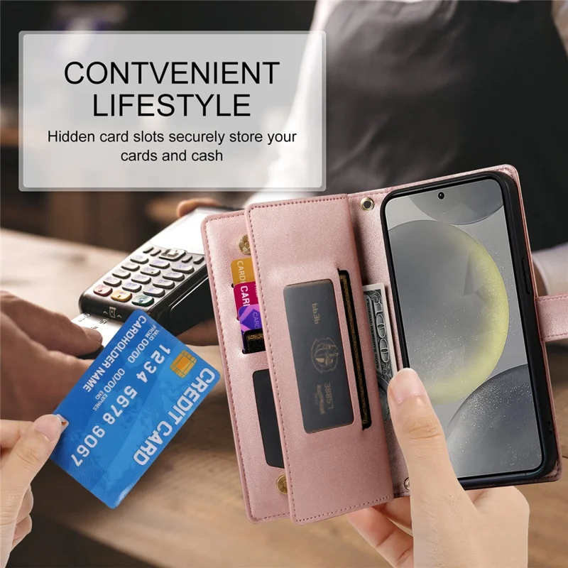 Étui pour Samsung Galaxy S25+ DF-011 avec poche zippée, portefeuille en cuir et sangles - Rose