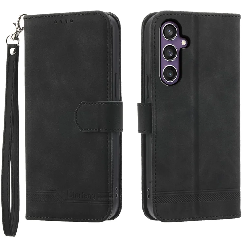 DIERFENG DF-03 Capa de couro para Samsung Galaxy S25 com linhas em relevo e compartimento para cartões - Preta