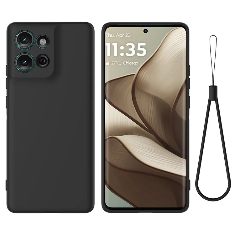 Für Motorola Moto G75 5G Hülle, flüssiges Silikon Anti-Kratzer Telefonhülle mit Handschlaufe - Schwarz