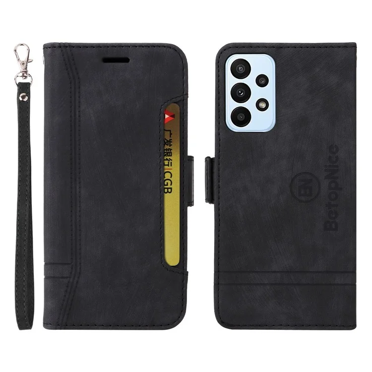 BETOPNICE 001 Para Samsung Galaxy A23 4G / F23 5G / M23 5G / M13 4G / A23 5G (Versão Global) Capa de Telefone de Couro Imitado com Estampa de Costura e Alça - Preto
