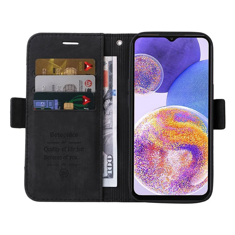 BETOPNICE 001 Para Samsung Galaxy A23 4G / F23 5G / M23 5G / M13 4G / A23 5G (Versão Global) Capa de Telefone de Couro Imitado com Estampa de Costura e Alça - Preto