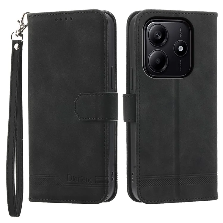 DIERFENG DF-03 For Xiaomi Redmi Note 14 5G Leather Case Lines Imprint Wallet Phone Cover - Black