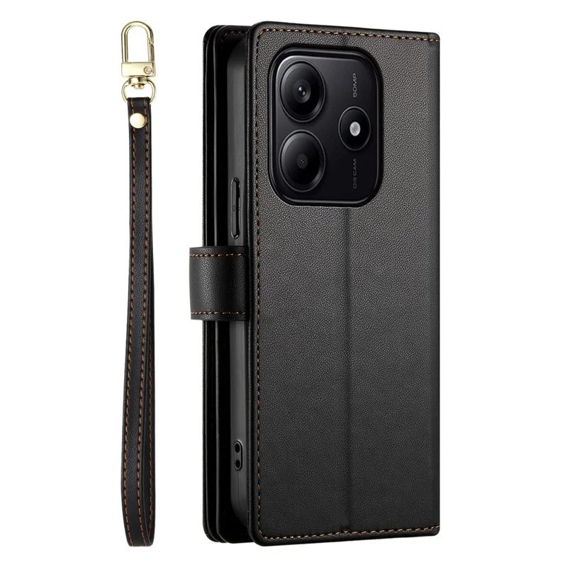 DF-011 Voor Xiaomi Redmi Note 14 5G hoesje met ritsvak portemonnee lederen telefoonhoes met riemen - Zwart