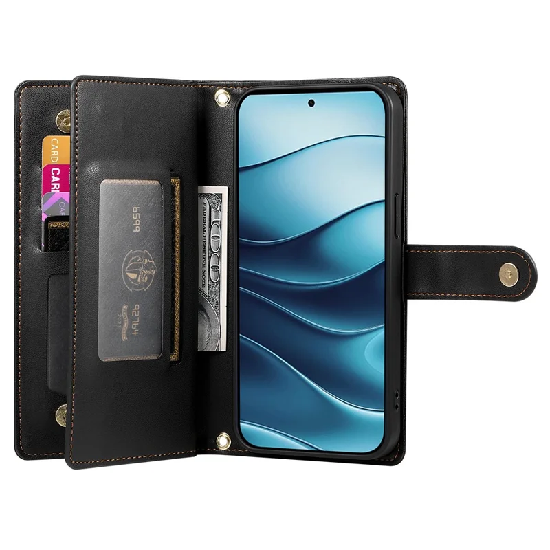 DF-011 Voor Xiaomi Redmi Note 14 5G hoesje met ritsvak portemonnee lederen telefoonhoes met riemen - Zwart