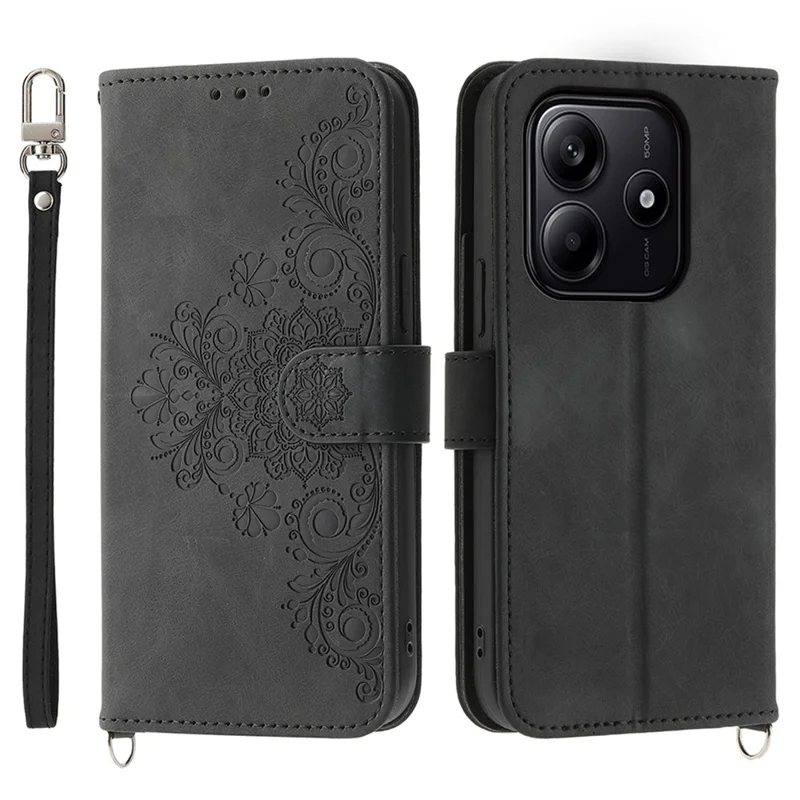 For Xiaomi Redmi Note 14 5G Case Flower Pattern PU Leather Wallet Phone Cover with Strap - Black
