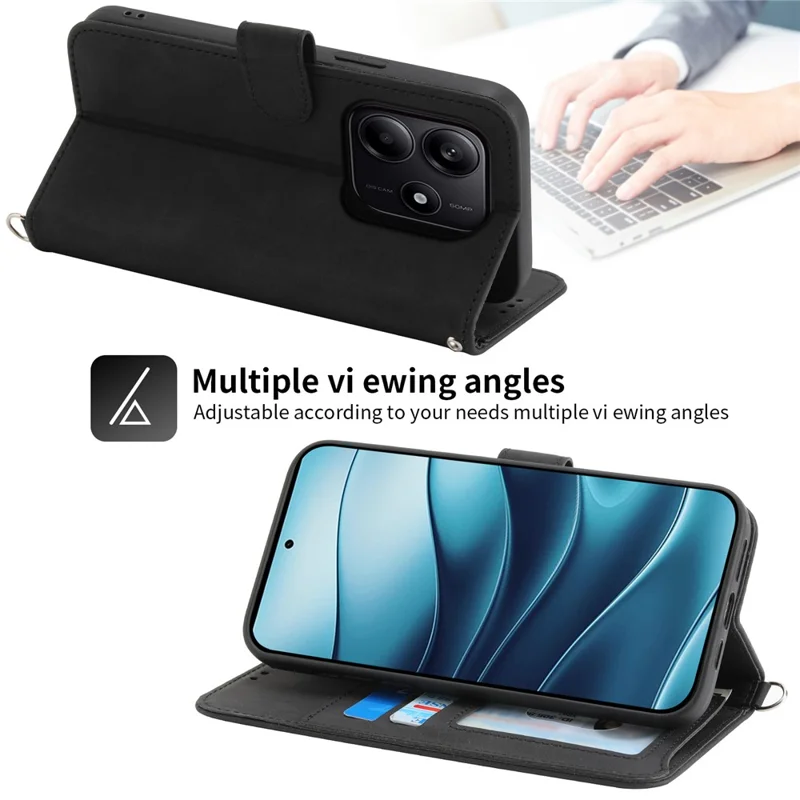 For Xiaomi Redmi Note 14 5G Case Flower Pattern PU Leather Wallet Phone Cover with Strap - Black