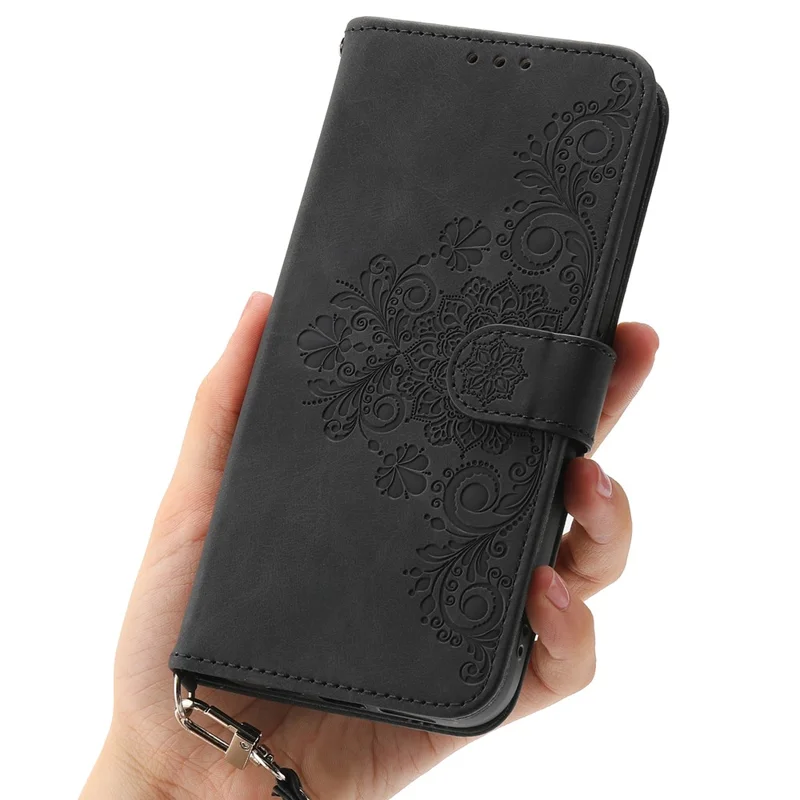 For Xiaomi Redmi Note 14 5G Case Flower Pattern PU Leather Wallet Phone Cover with Strap - Black