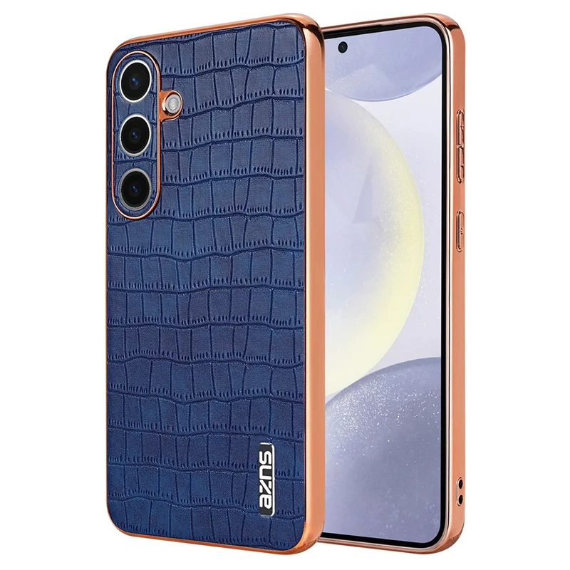 AZNS For Samsung Galaxy S25 Case Electroplating Crocodile Texture PU+TPU Phone Cover - Blue