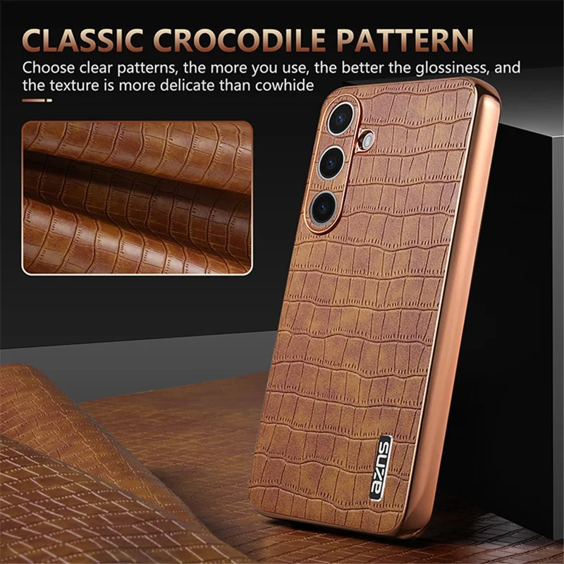 AZNS For Samsung Galaxy S25+ Case Electroplating Crocodile Texture PU+TPU Phone Cover - Black