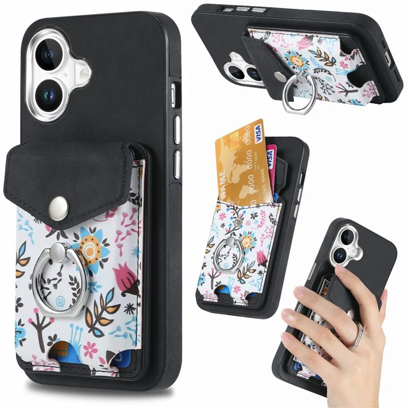 For iPhone 16 Case Compatible with MagSafe Card Bag Leather+TPU Phone Cover - Black