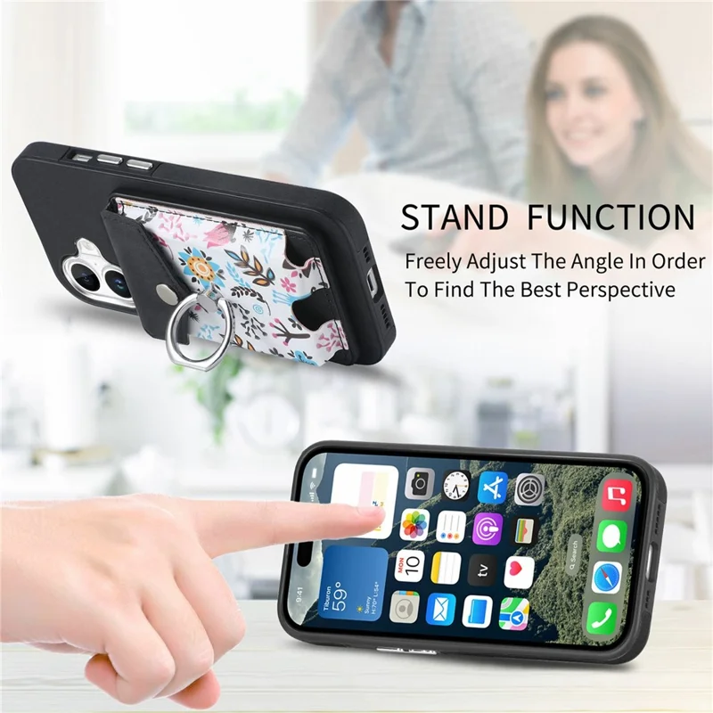 For iPhone 16 Case Compatible with MagSafe Card Bag Leather+TPU Phone Cover - Black