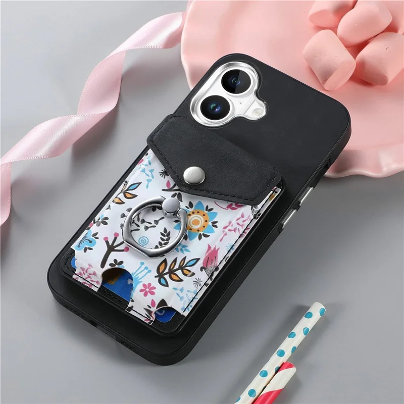 For iPhone 16 Case Compatible with MagSafe Card Bag Leather+TPU Phone Cover - Black