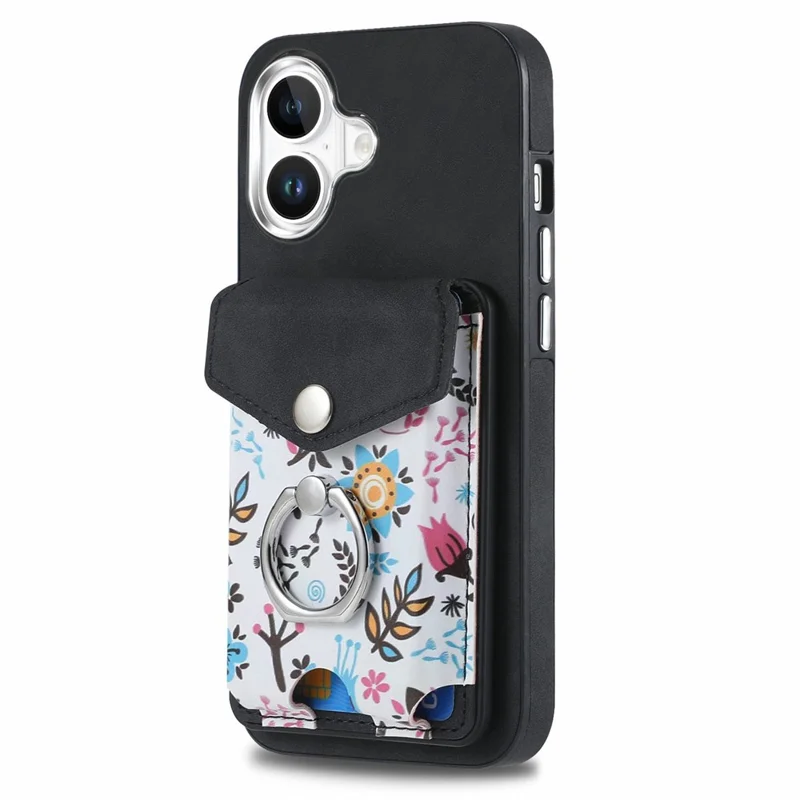 For iPhone 16 Case Compatible with MagSafe Card Bag Leather+TPU Phone Cover - Black