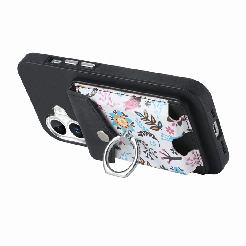 For iPhone 16 Case Compatible with MagSafe Card Bag Leather+TPU Phone Cover - Black