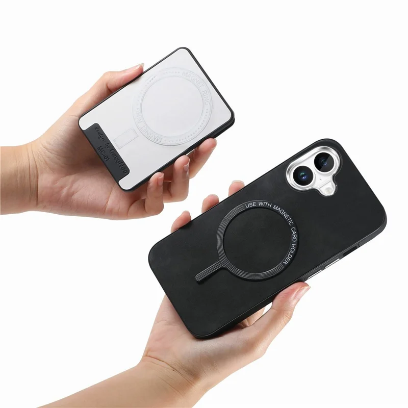 For iPhone 16 Case Compatible with MagSafe Card Bag Leather+TPU Phone Cover - Black