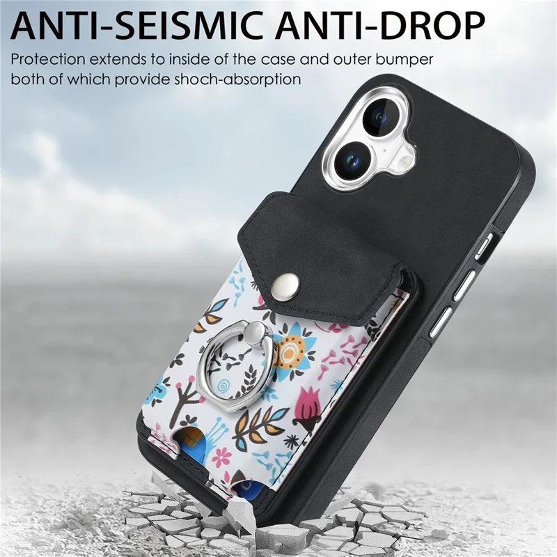 For iPhone 16 Case Compatible with MagSafe Card Bag Leather+TPU Phone Cover - Black