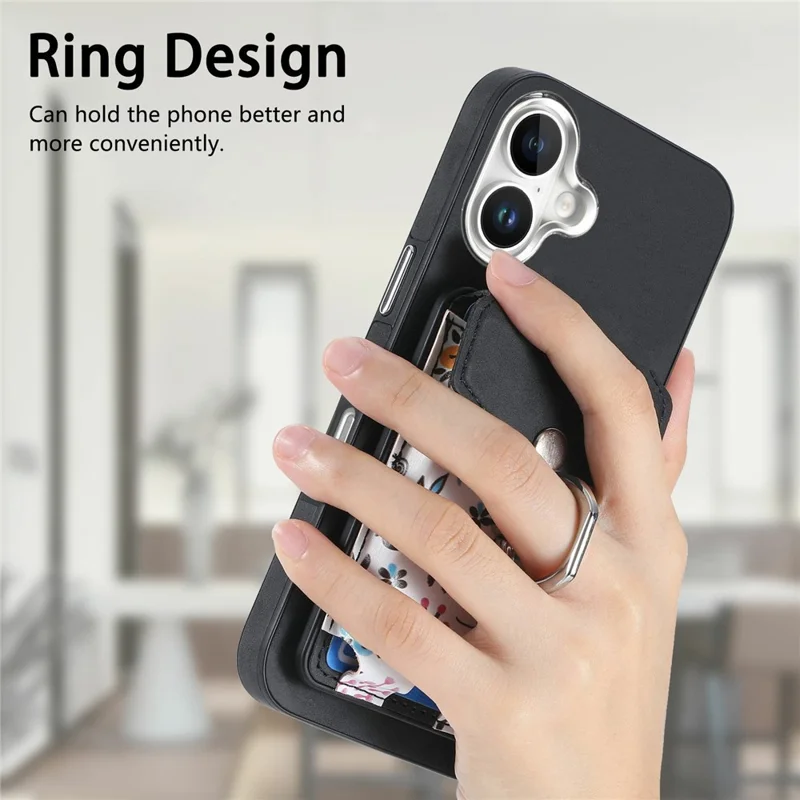 For iPhone 16 Case Compatible with MagSafe Card Bag Leather+TPU Phone Cover - Black