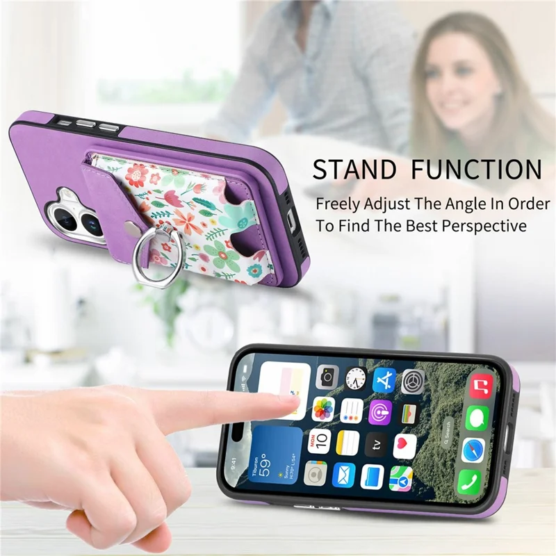 For iPhone 16 Case Compatible with MagSafe Card Bag Leather+TPU Phone Cover - Purple