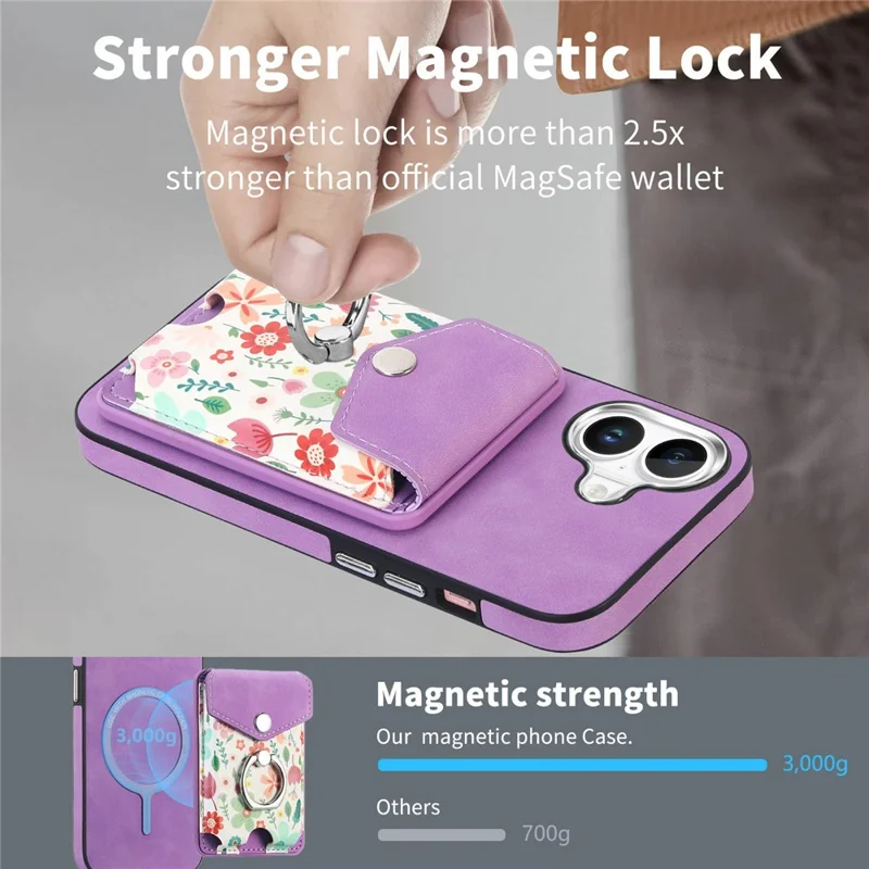 For iPhone 16 Case Compatible with MagSafe Card Bag Leather+TPU Phone Cover - Purple