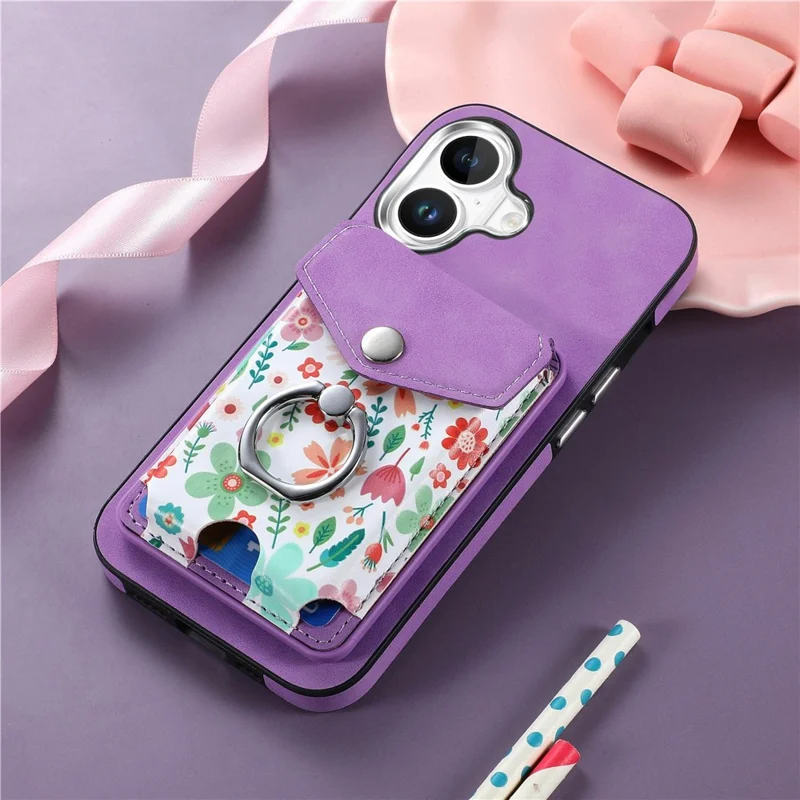 For iPhone 16 Case Compatible with MagSafe Card Bag Leather+TPU Phone Cover - Purple