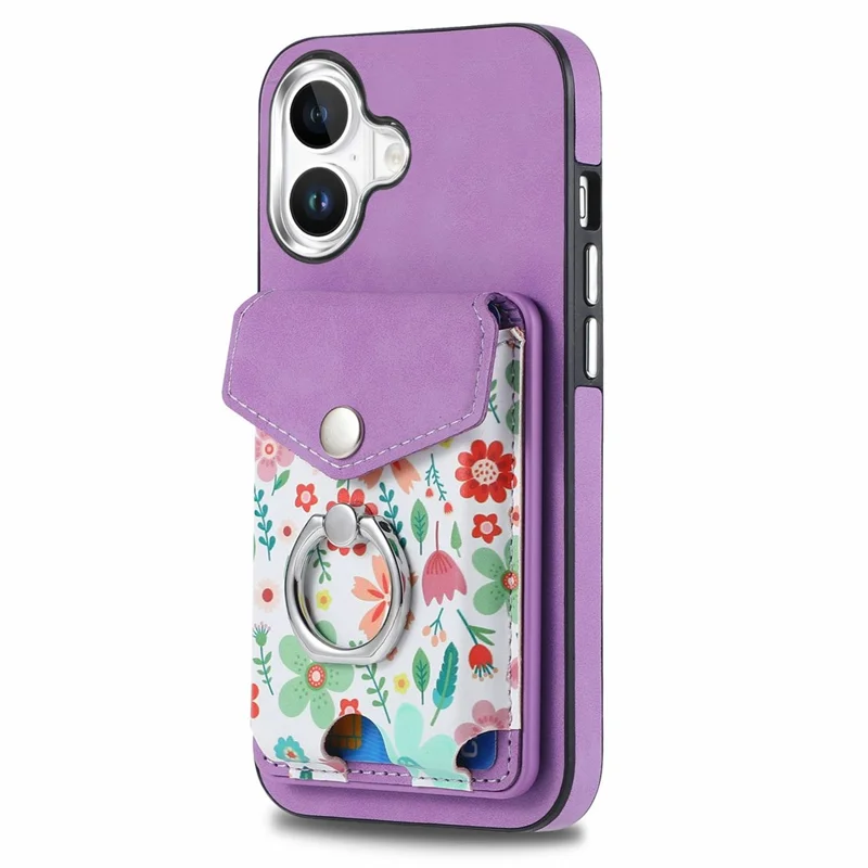 For iPhone 16 Case Compatible with MagSafe Card Bag Leather+TPU Phone Cover - Purple