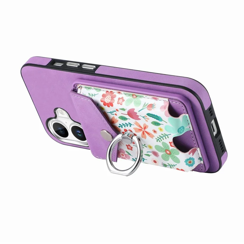 For iPhone 16 Case Compatible with MagSafe Card Bag Leather+TPU Phone Cover - Purple