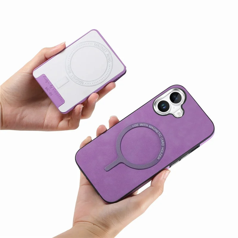 For iPhone 16 Case Compatible with MagSafe Card Bag Leather+TPU Phone Cover - Purple