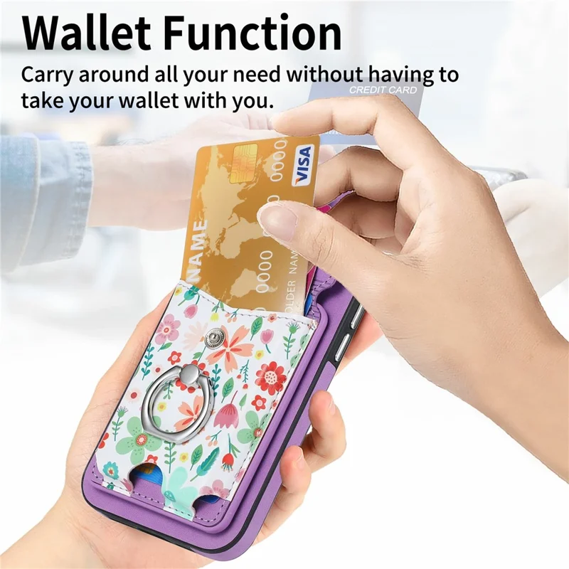For iPhone 16 Case Compatible with MagSafe Card Bag Leather+TPU Phone Cover - Purple