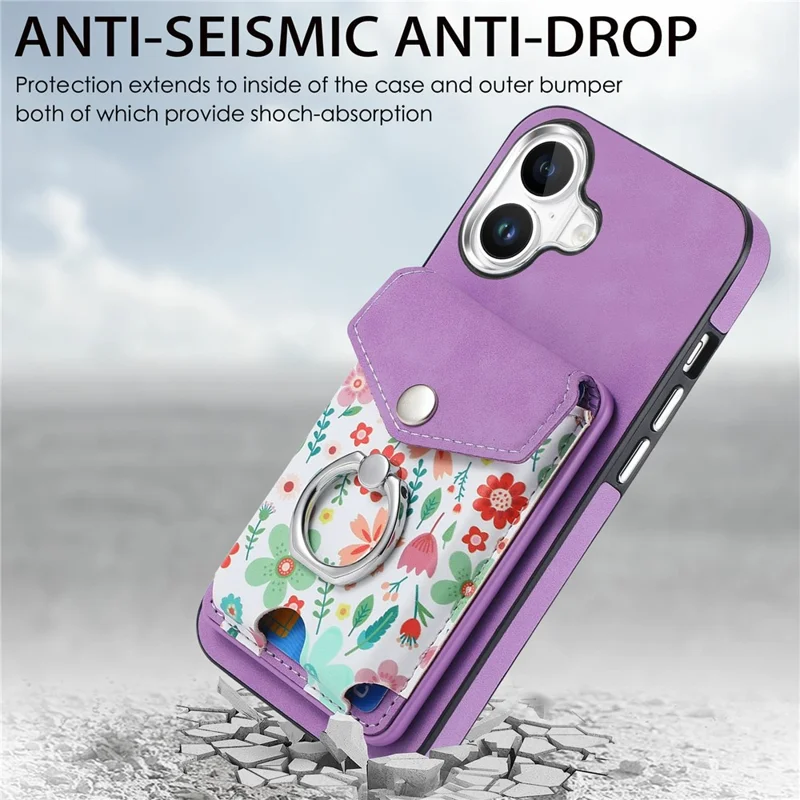 For iPhone 16 Case Compatible with MagSafe Card Bag Leather+TPU Phone Cover - Purple