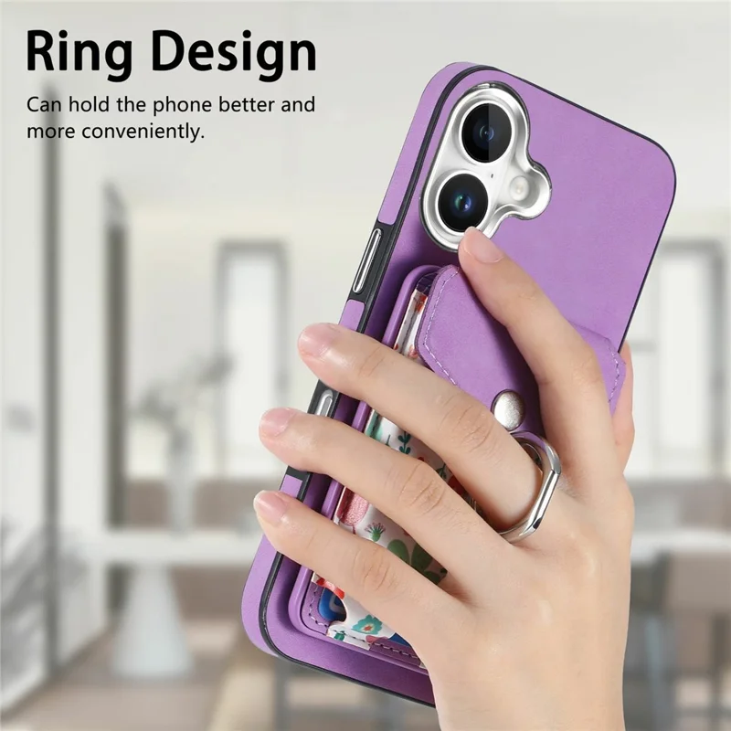 For iPhone 16 Case Compatible with MagSafe Card Bag Leather+TPU Phone Cover - Purple