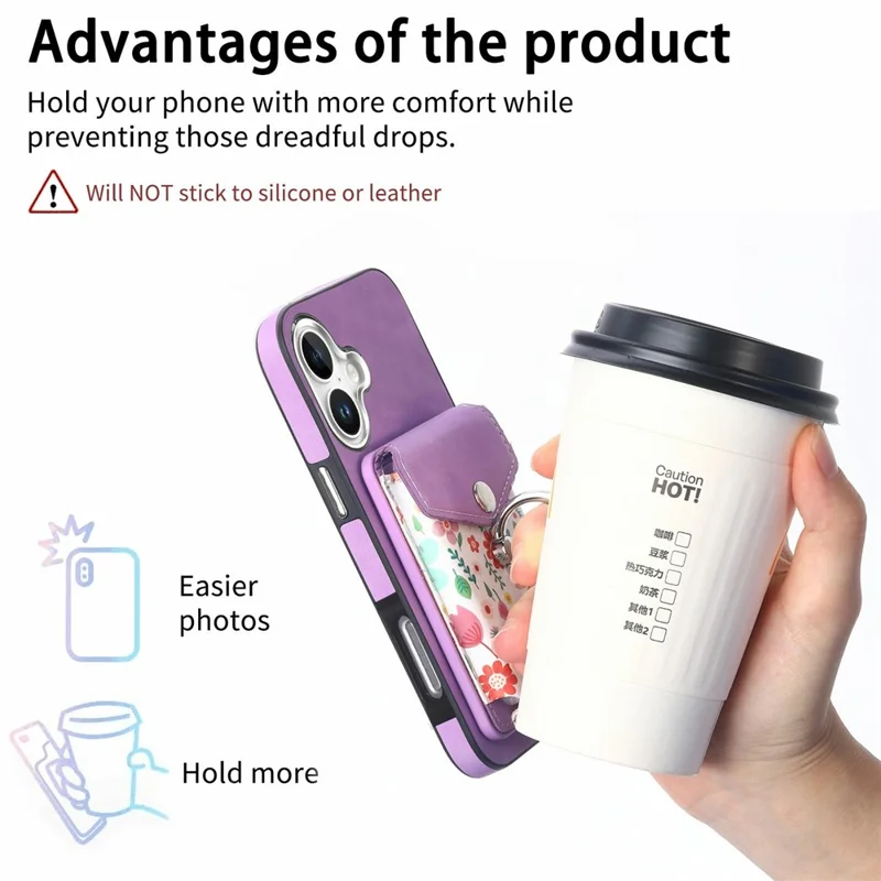 For iPhone 16 Case Compatible with MagSafe Card Bag Leather+TPU Phone Cover - Purple