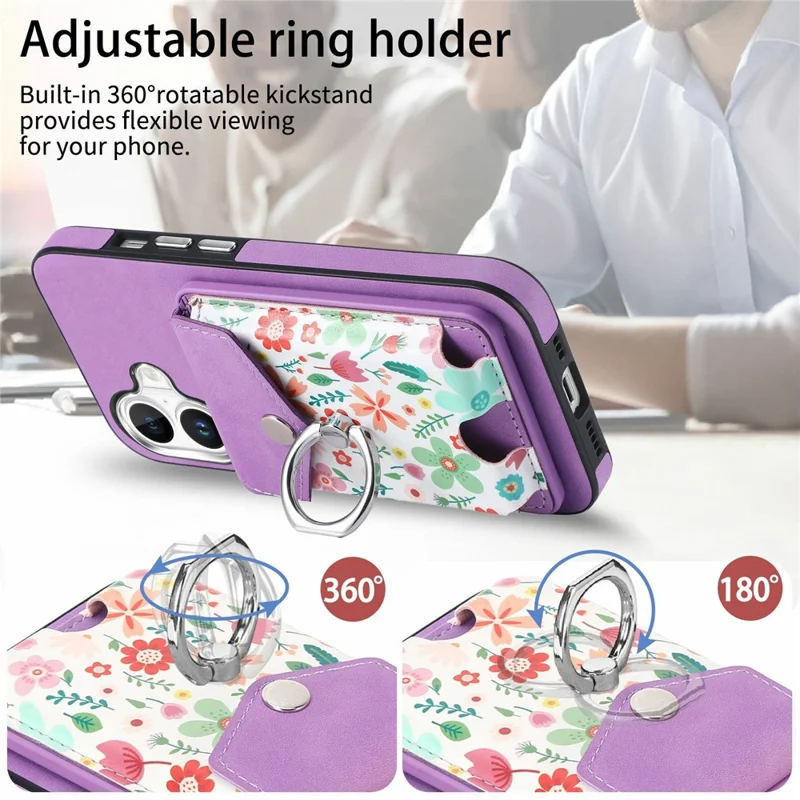 For iPhone 16 Case Compatible with MagSafe Card Bag Leather+TPU Phone Cover - Purple