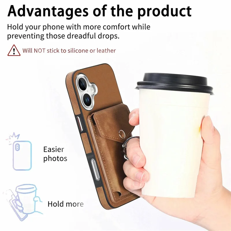 For iPhone 16 Plus Case Ring Kickstand Leather Coated TPU Back Cover with Card Holder - Brown