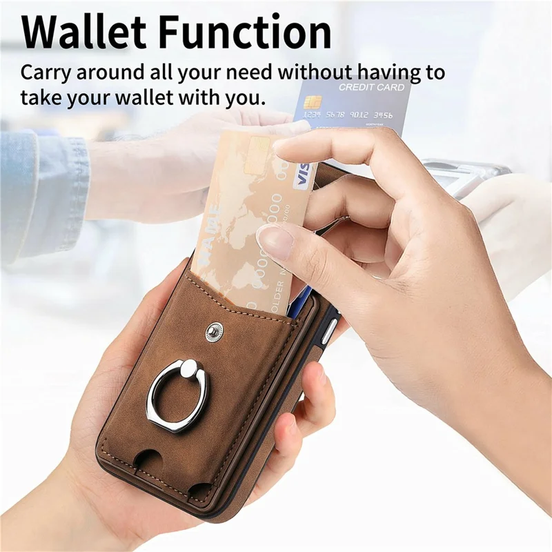 For iPhone 16 Plus Case Ring Kickstand Leather Coated TPU Back Cover with Card Holder - Brown