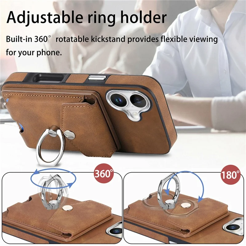 For iPhone 16 Plus Case Ring Kickstand Leather Coated TPU Back Cover with Card Holder - Brown