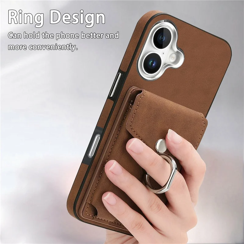 For iPhone 16 Plus Case Ring Kickstand Leather Coated TPU Back Cover with Card Holder - Brown
