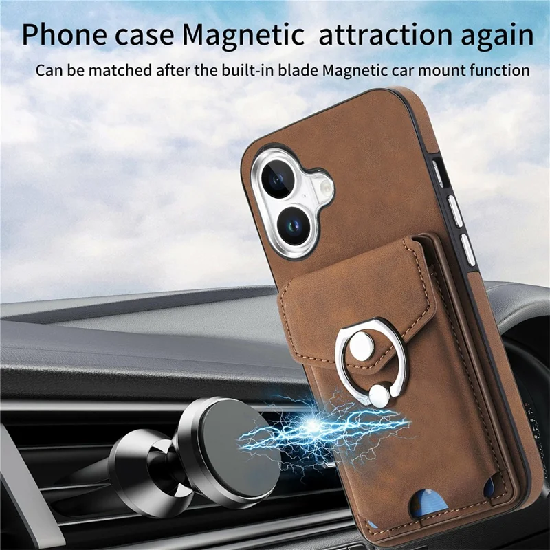For iPhone 16 Plus Case Ring Kickstand Leather Coated TPU Back Cover with Card Holder - Brown