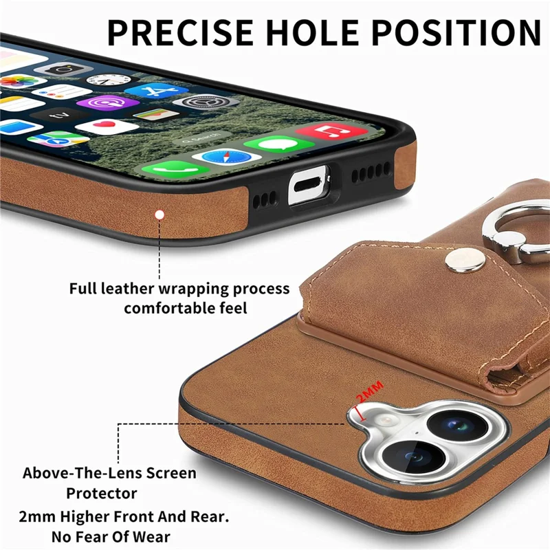 For iPhone 16 Plus Case Ring Kickstand Leather Coated TPU Back Cover with Card Holder - Brown