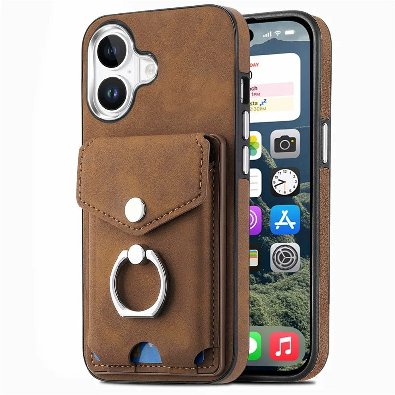 For iPhone 16 Plus Case Ring Kickstand Leather Coated TPU Back Cover with Card Holder - Brown