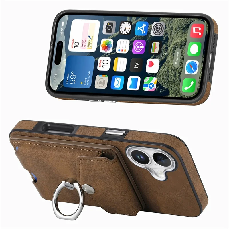 For iPhone 16 Plus Case Ring Kickstand Leather Coated TPU Back Cover with Card Holder - Brown