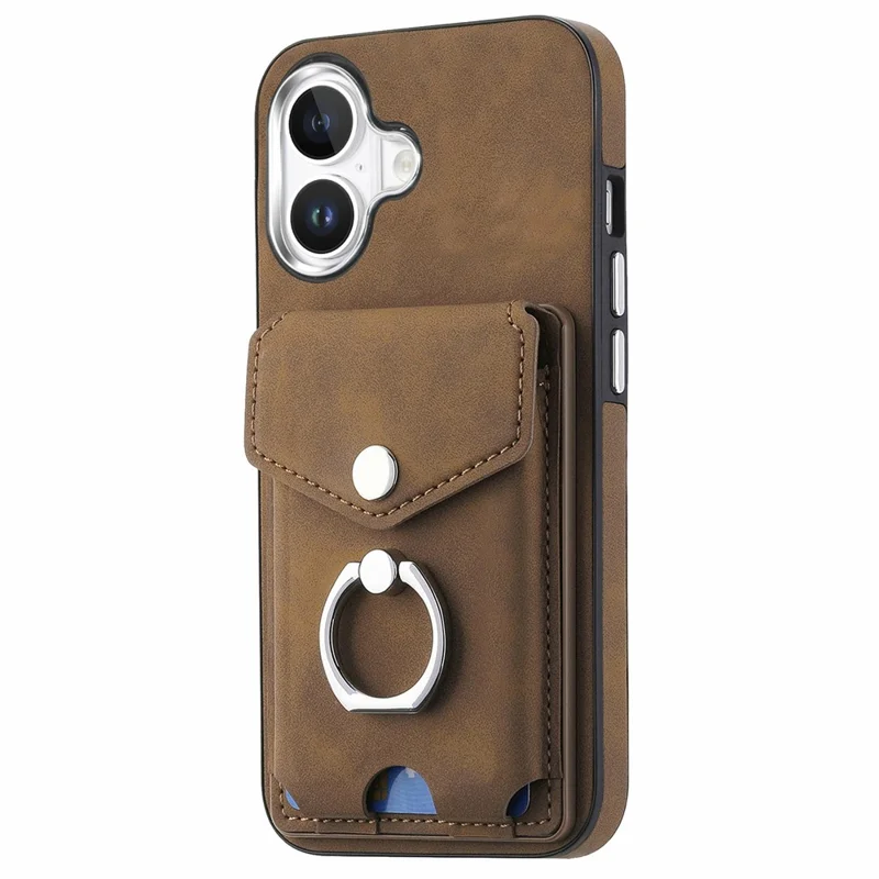 For iPhone 16 Plus Case Ring Kickstand Leather Coated TPU Back Cover with Card Holder - Brown