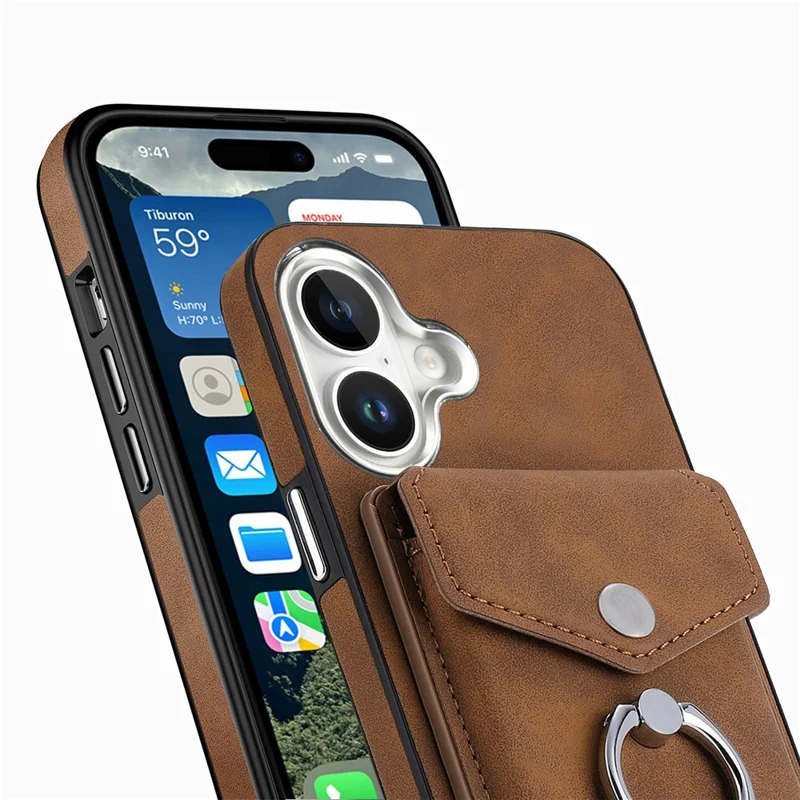 For iPhone 16 Plus Case Ring Kickstand Leather Coated TPU Back Cover with Card Holder - Brown