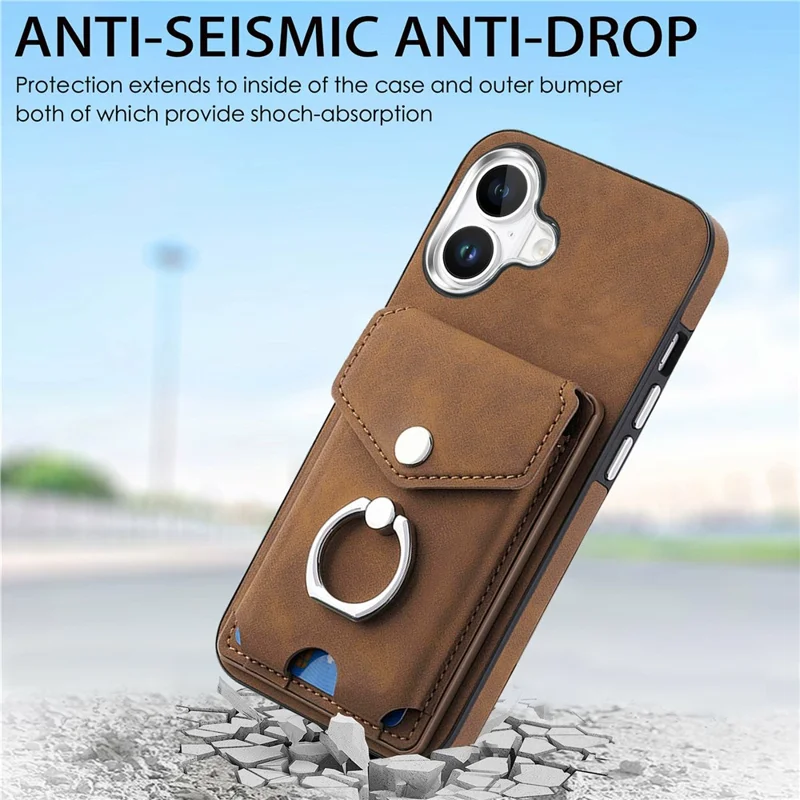 For iPhone 16 Plus Case Ring Kickstand Leather Coated TPU Back Cover with Card Holder - Brown