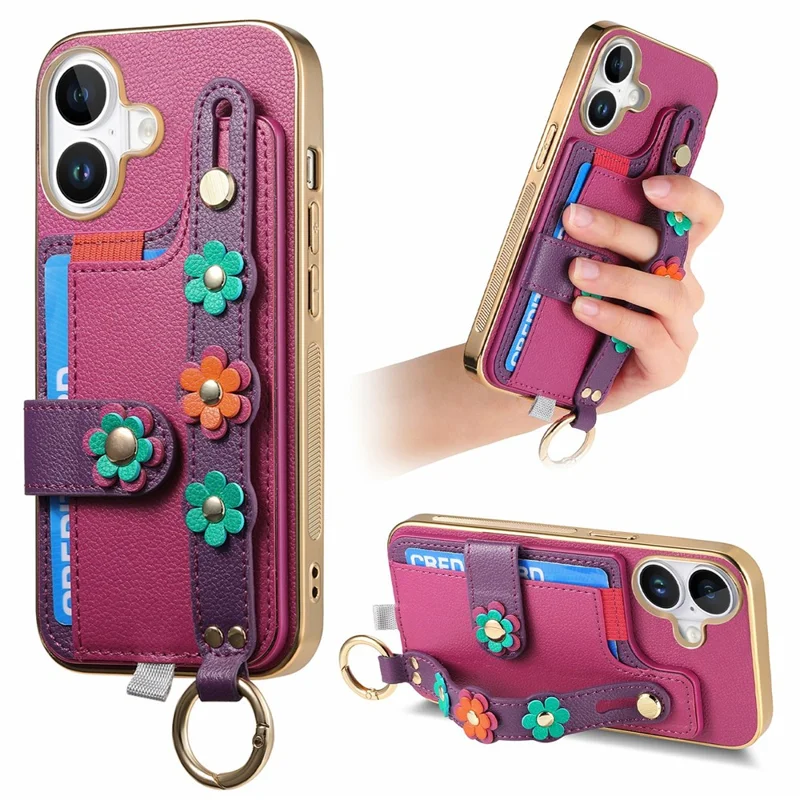 Für iPhone 16 Hülle Kartenfach Leder Rückseite 3D Blume Armband - Lila