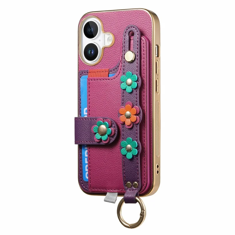 Für iPhone 16 Hülle Kartenfach Leder Rückseite 3D Blume Armband - Lila