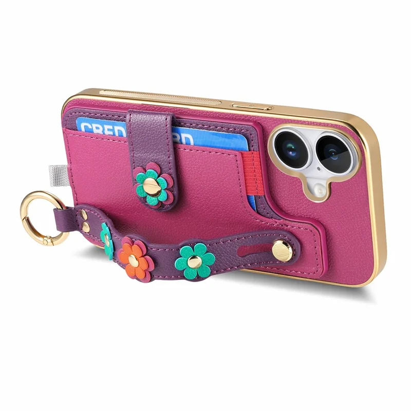 Für iPhone 16 Hülle Kartenfach Leder Rückseite 3D Blume Armband - Lila
