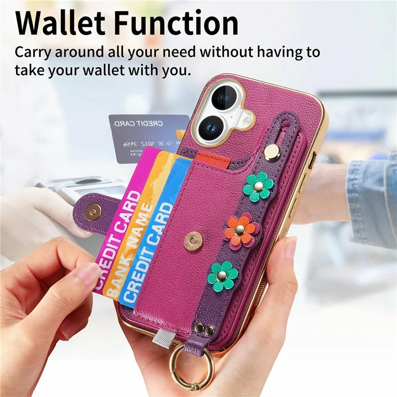 Für iPhone 16 Hülle Kartenfach Leder Rückseite 3D Blume Armband - Lila