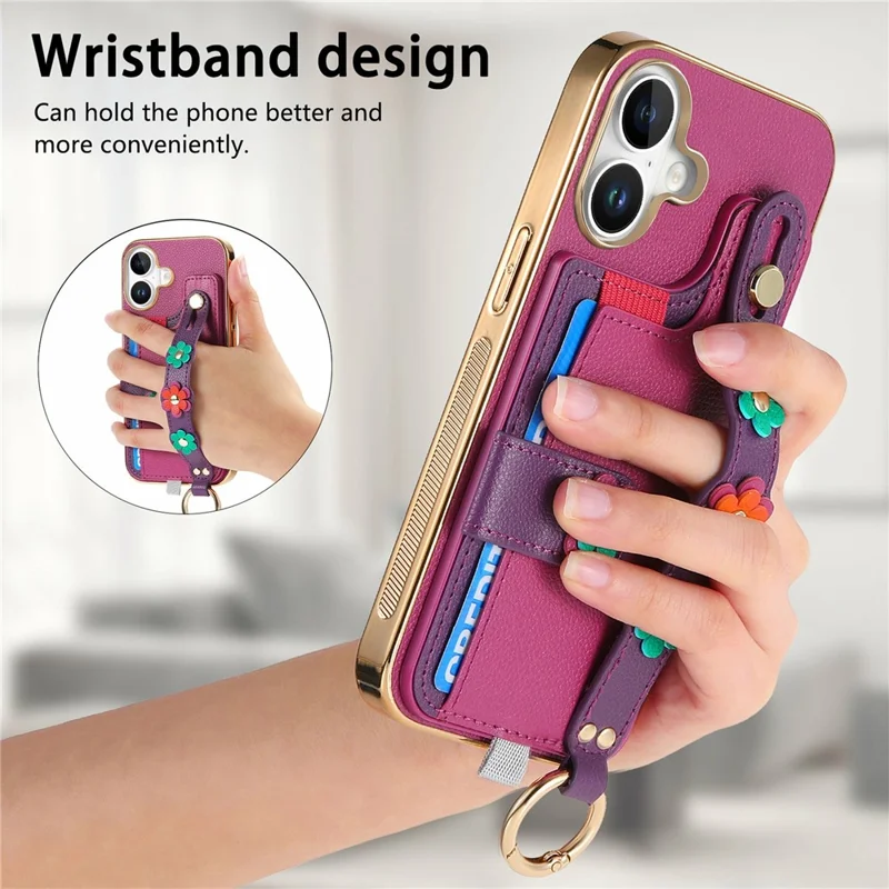 Für iPhone 16 Hülle Kartenfach Leder Rückseite 3D Blume Armband - Lila