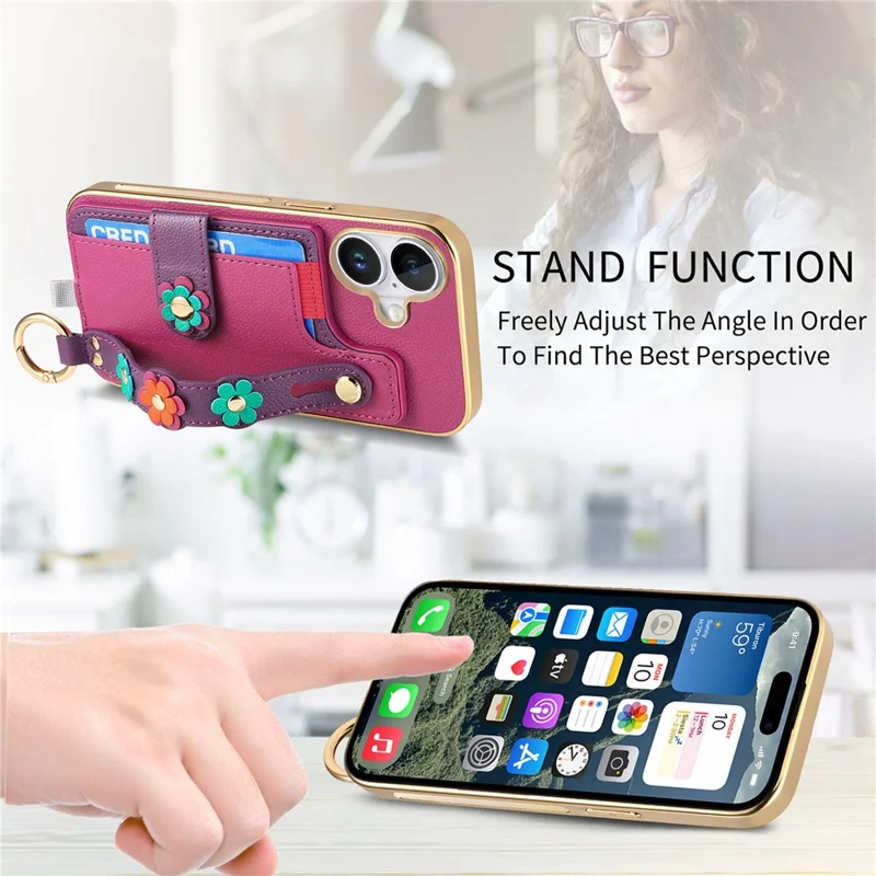 Für iPhone 16 Hülle Kartenfach Leder Rückseite 3D Blume Armband - Lila